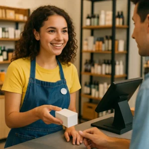 Jonge verkoopmedewerker helpt een klant in een moderne winkel – werken in de verkoop bij Woovy Works.